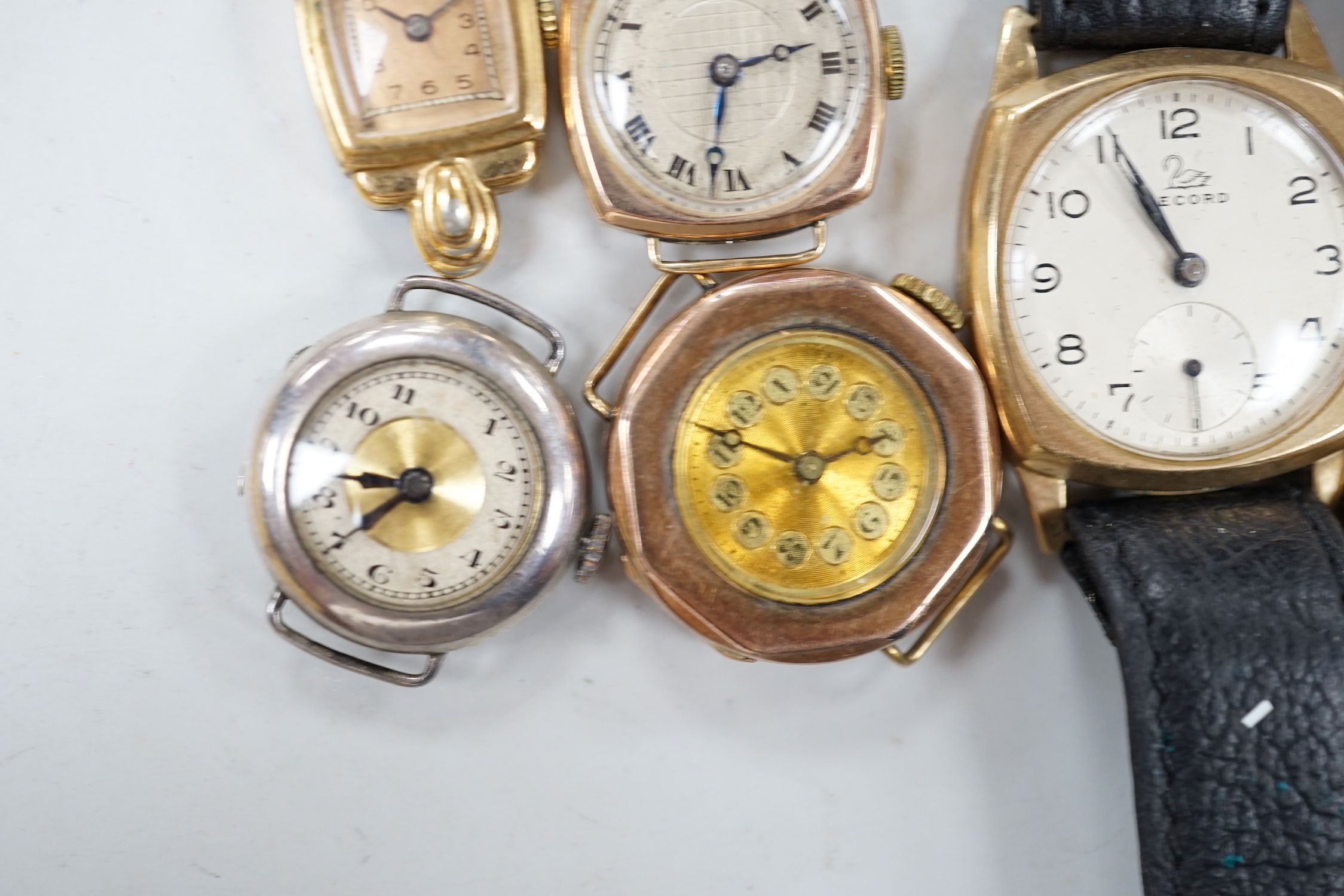 Five assorted 9ct gold lady's or gentleman's manual wind wrist watches, including Waltham, Record & Derrick and three other wrist watches.